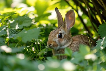 Naklejka na ściany i meble Wild rabbit hiding in a lush garden
