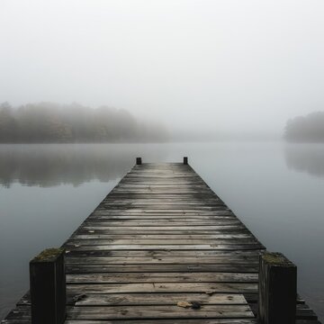 Weathered wooden dock extending into a misty lake © Jelena