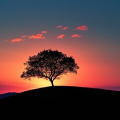 Fototapeta na wymiar Sunset silhouette of a lone tree on a hilltop