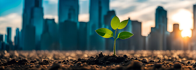 Closeup on a small growing plant growing in a city landscape. Concept for eco-friendly building and reforestation by planting trees on city land. Ground view. Panoramic view. Blurred background. - obrazy, fototapety, plakaty