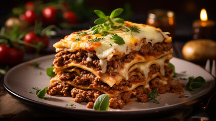 traditional lasagna made with minced beef bolognese