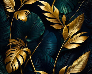 Luxury gold wallpaper. Black and golden abstract background. Tropical leaves wall art
