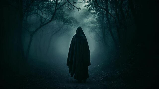 A spectral figure shrouded in a dark cloak and obscured by fog silently walking through an old forest path.