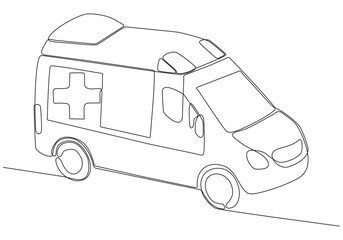 Single line drawing of hospital ambulance vehicle to save critical patient. 911 isolated minimalist concept. Dynamic one line drawing graphic design vector illustration on white background