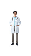 Lone female doctor standing happily smiling on PNG transparent background