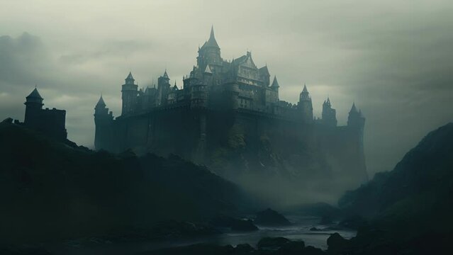 An otherworldly castle standing silently in an imtrable fog hanging in a void of nothingness subsisting in the dark and mysterious corners of the imagination.