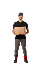 Male delivery man standing looking at camera, isolated, full body, transparent background.