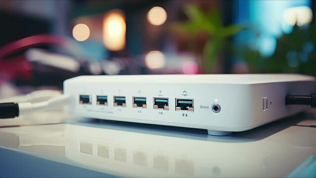 Closeup of a smart home hub with multiple ports and connections for controlling different devices.