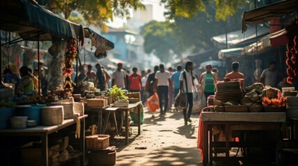 A vibrant street market filled with colorful stalls - obrazy, fototapety, plakaty