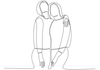 Continuous line drawing of cheerful women embracing each other. Two women hugging each other