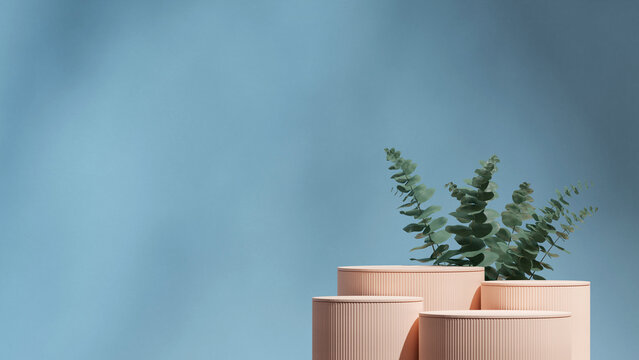 rendering 3d scene template beige red color podium in landscape eucalyptus leaf and blue wall
