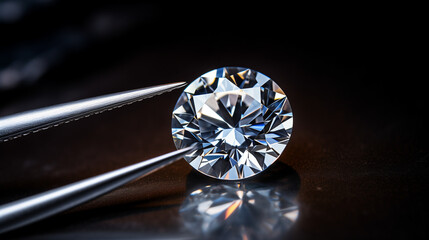 brilliant cut diamond held by tweezers on Luxury Black Background. - obrazy, fototapety, plakaty