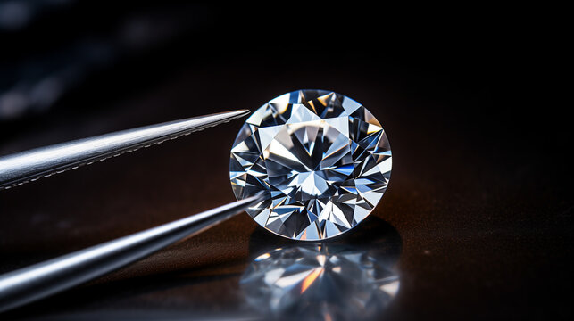 brilliant cut diamond held by tweezers on Luxury Black Background.