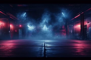 Neon-Lit Dark Street Scene: Night View with Smoke and Spotlights on Asphalt - Atmospheric Studio Room Background