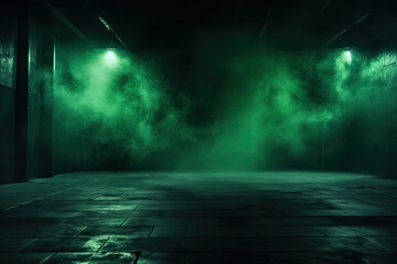 Neon-Lit Dark Street Scene: Night View with Smoke and Spotlights on Asphalt - Atmospheric Studio Room Background