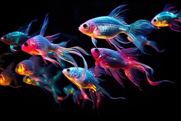 School of Neon Fish: A mesmerizing display of neon-colored fish swimming in unison.