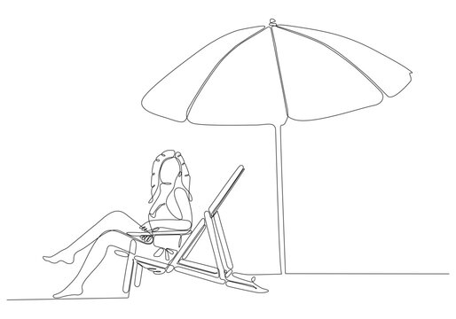 continuous line drawing of woman relaxing and sitting on deck chair by the beach isolated on white background