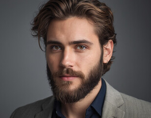 Portrait handsome young bearded man posing on light background looking at camera.