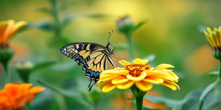 Colorful butterfly on flower in summer, light background