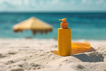 Sunscreen lotion on the beach with umbrella background. Sun protection concept