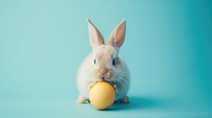 Fototapeta na wymiar Cute adorable Easter bunny with yellow egg on blue background.
