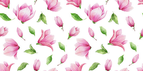 Flower Magnolia watercolor seamless pattern. Hand painted background with pink bud and leaves on white. Floral design for textile fabric or wallpaper