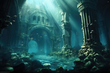 Atlantis Ruins: An artistic depiction of an underwater ancient city. - obrazy, fototapety, plakaty