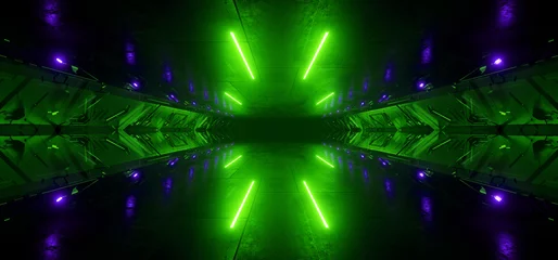 Alien Futuristic Garage Studio Underground Showroom Tunnel Corridor Neon Lasers Glow VIbrant Green Glossy Dark Nights Cyber Empty Stage 3D Rendering © IM_VISUALS
