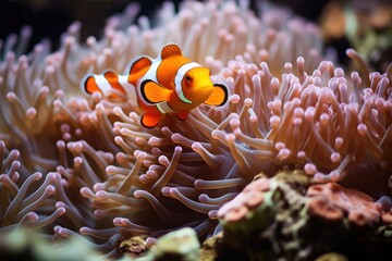 Naklejka na ściany i meble Anemone Wonderland: Clownfish nestled within the tendrils of sea anemones.