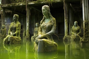 Fototapeta na wymiar Sunken Statue Garden: Statues covered in algae, creating an underwater art garden.