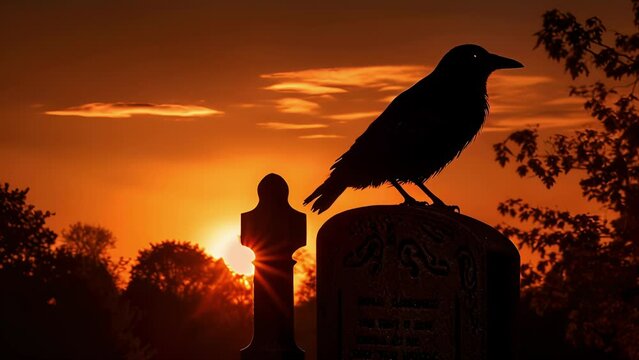 The silhouette of a raven perched atop a tombstone its beady eyes watching with malice.