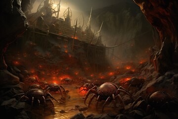 Crab Kingdom: Crabs crawling on a sandy seabed, creating a bustling underwater city. - obrazy, fototapety, plakaty