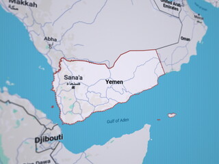 3d rendering illustration of LCD screen close up with Middle East region map and Yemen highlighted in selective focus - 707560158