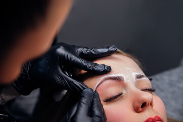 The makeup artist performs permanent makeup. Professional makeup and facial care. Eyebrow and lip...