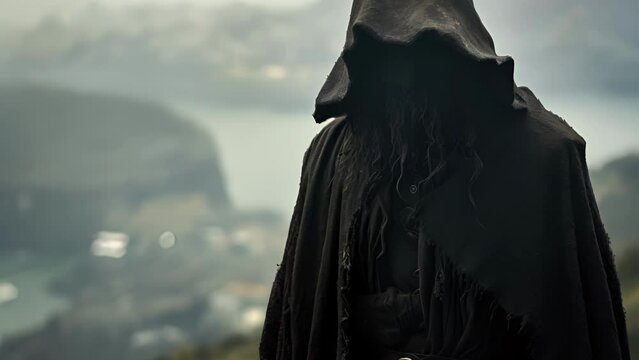 A mysterious pirate shrouded in a long black cloak, standing on the edge of a fogcovered cliff, overlooking a small coastal village.