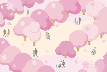フレーム　アイソメトリック　人物　家族　子供　春　お花見　さくら　桜　背景　イラスト素材