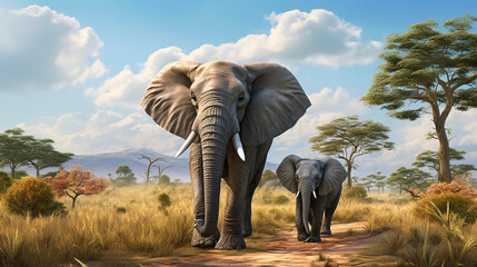 Elephant mother and her calf happy together - obrazy, fototapety, plakaty