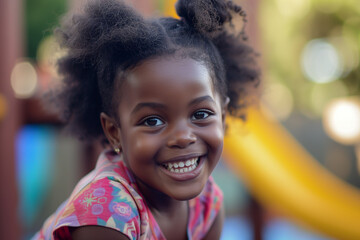 portrait of a smiling black girl happy child wearing colorful clothes, intense looking, on a playground, closeup shot of a young african american outdoors, curiousity, sunlight, golden hours, laughing - obrazy, fototapety, plakaty