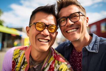 gay couple of asian and white men in their fifties mature standing outdoors in sunlight travel tourism wearing glasses hugging laughing fashion syle colorful love boyfriends, happy complicity partners - obrazy, fototapety, plakaty