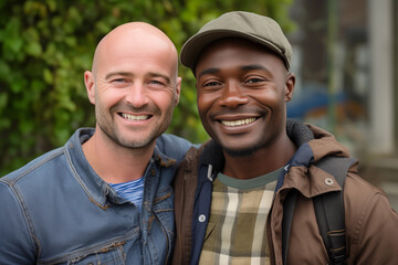 gay couple of black and white men in their thirties, standing outdoors, bald wearing cap, hugging...