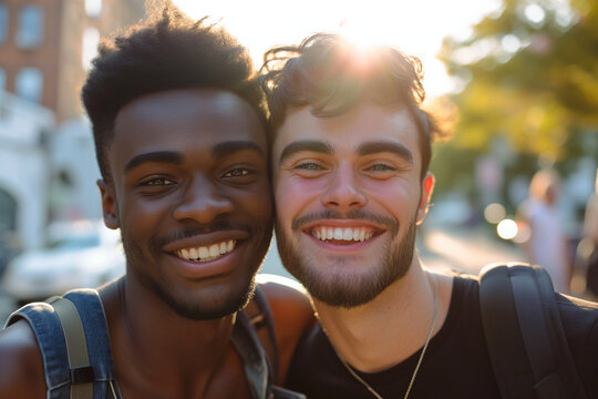 young gay couple of black and white men in their twenties, standing outdoors hugging smiling sunlight summer tshirt overalls bearded, african, cute love, happy boyfriends complicity, diversity laugh