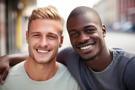 young gay couple of black and blond white men in their twenties, standing outdoors hugging smiling sunlight summer tshirt bearded, african, cute love, happy boyfriends complicity, partners, diversity