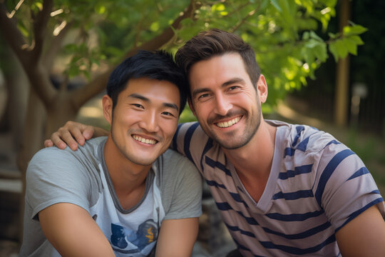 gay couple of asian and white men sitting in a park, nature, valentine, hugging smiling summer outdoors tshirt bearded, cute love, happy boyfriends complicity, partners, diversity together romantic