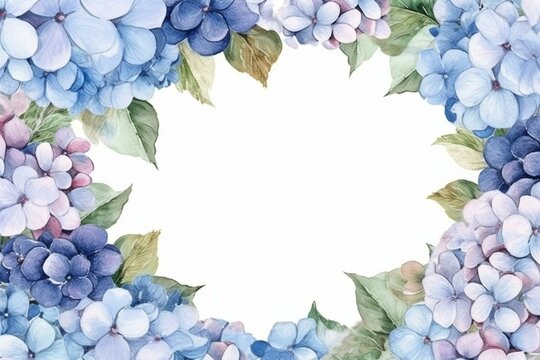 Beautiful frame of hydrangea flowers and branches in watercolor. Vintage botanical design with floral bouquets. Generative AI