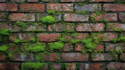 An old texture of red brick wall with green moss that sprouted on the wall. The picturesque brickwork is being destroyed by old age.