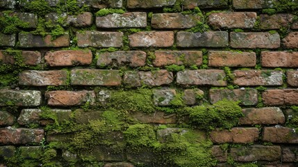 An old texture of red brick wall with green moss that sprouted on the wall. The picturesque...