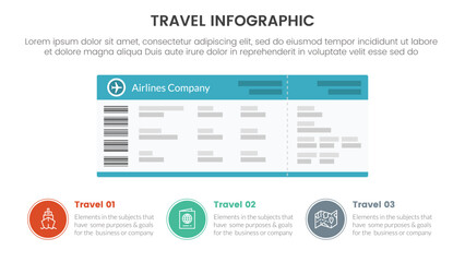 travel holiday infographic with 3 point stage template with ticket paper and circle point at bottom for slide presentation