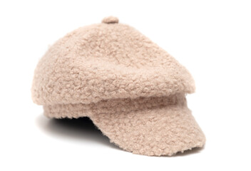 Fototapeta na wymiar winter warm hat with a visor on a white background.