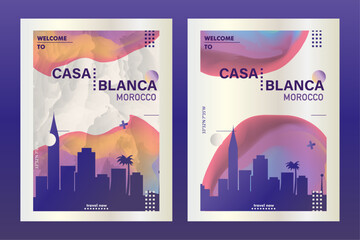 Casablanca city poster pack with abstract skyline, cityscape, landmark and attraction. Morocco travel vector illustration layout set for vertical brochure, website, flyer, presentation