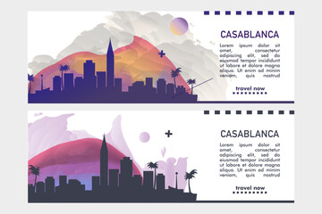 Casablanca city banner pack with abstract shapes of skyline, cityscape, landmark. Morocco travel vector horizontal illustration layout set for brochure, website, page, presentation, header, footer
